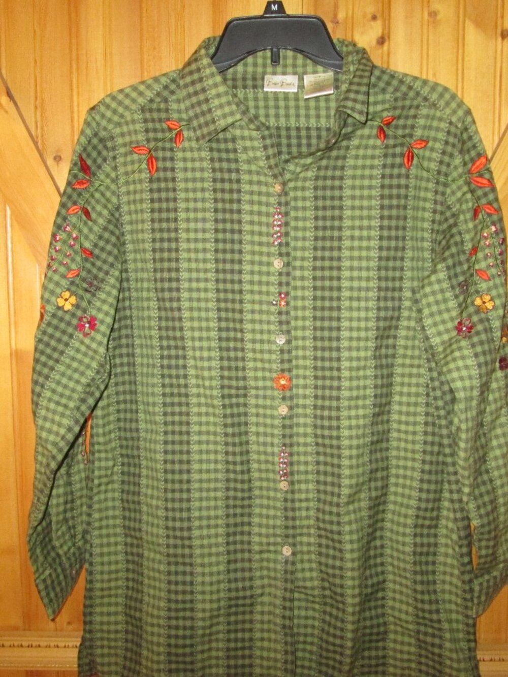 vtg cottaqe core Bobbie Brooks blouse embroidered fall leaves button front green